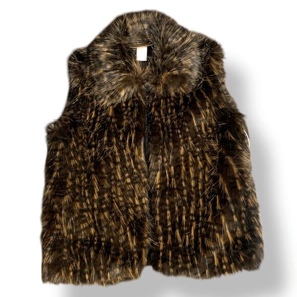 Vintage Jackets & Blazers - Deadstock Painted Pony Faux Fur Vest Brown Black Feather Textured Pattern Small